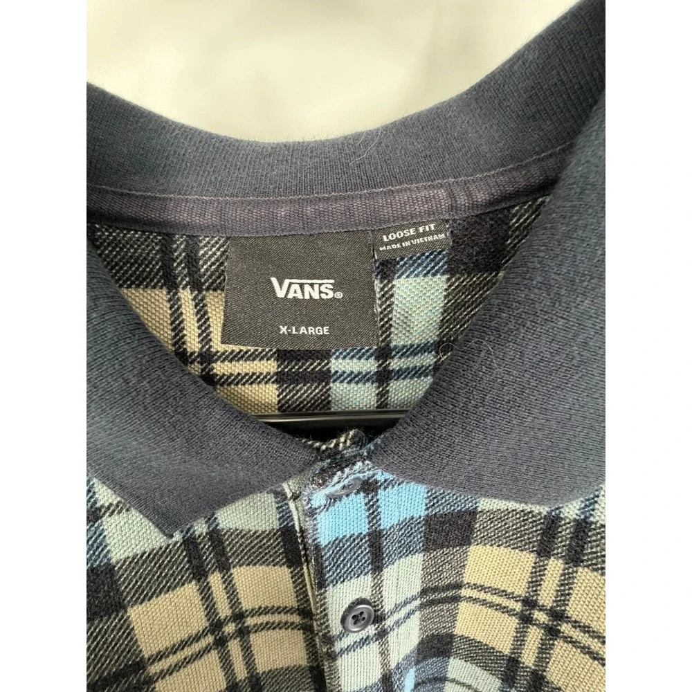 Vans Bellmoor Plaid Polo Shirt Men XL Blue Navy Tan Loose Fit VN000KUNE88 NWT